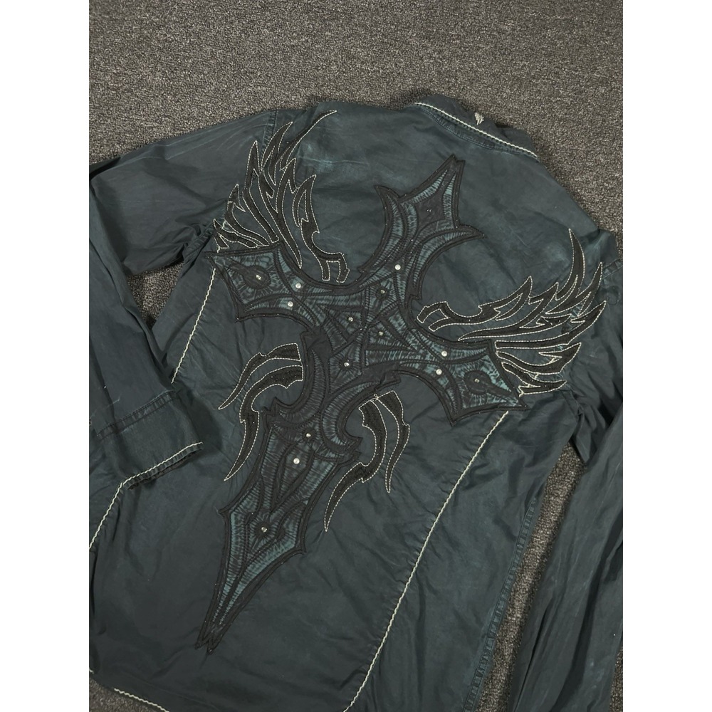 Roar Shirt Men's Large Black Blue Embroidered Dagger Grunge Button Front